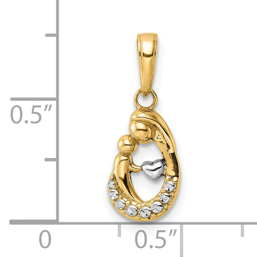 14k and White Rhodium Diamond-cut Mother and Baby Teardrop Pendant-M3016