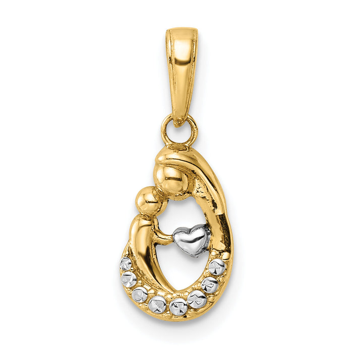 14k and White Rhodium Diamond-cut Mother and Baby Teardrop Pendant-M3016