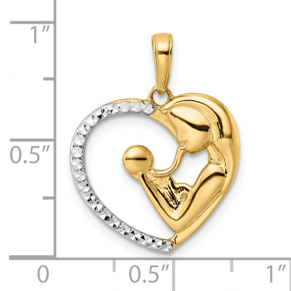 14k and White Rhodium Diamond-cut Mother and Baby Heart Pendant-M3017