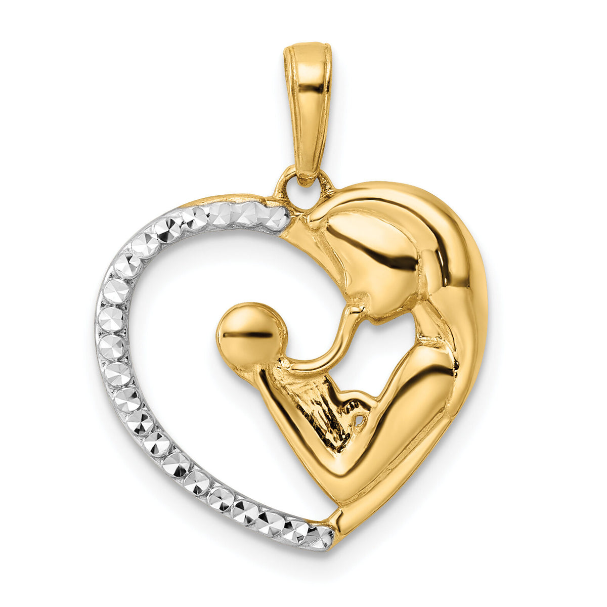 14k and White Rhodium Diamond-cut Mother and Baby Heart Pendant-M3017