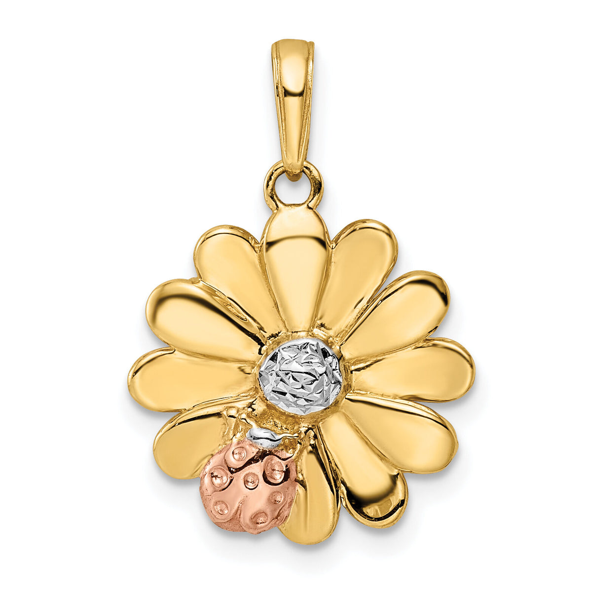 14k w/White and Rose Rhodium Diamond-cut Ladybug on Flower Pendant-M3020