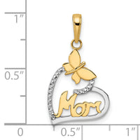 14K w/White Rhodium Diamond-cut Butterfly Mom in Heart Pendant-M3024