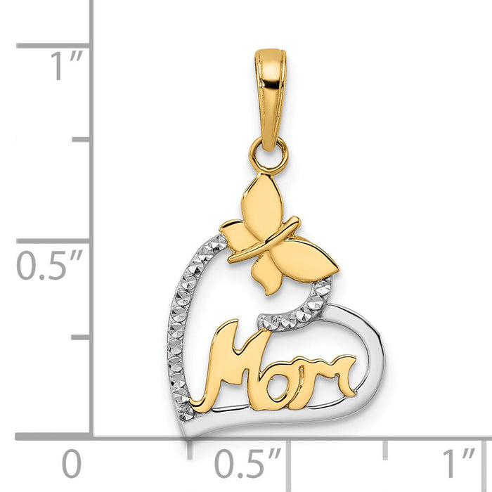 14K w/White Rhodium Diamond-cut Butterfly Mom in Heart Pendant-M3024