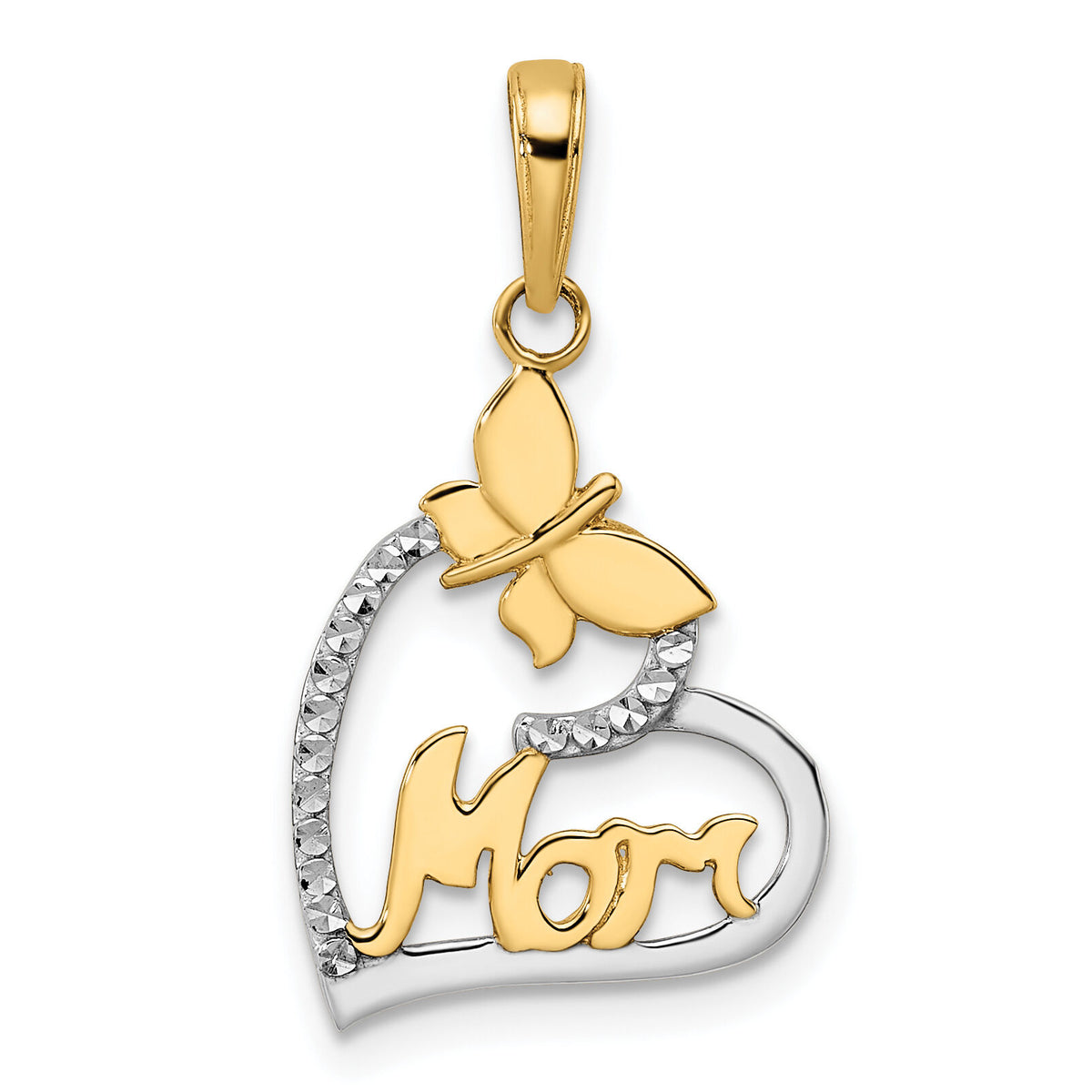 14K w/White Rhodium Diamond-cut Butterfly Mom in Heart Pendant-M3024