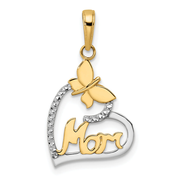 14K w/White Rhodium Diamond-cut Butterfly Mom in Heart Pendant-M3024