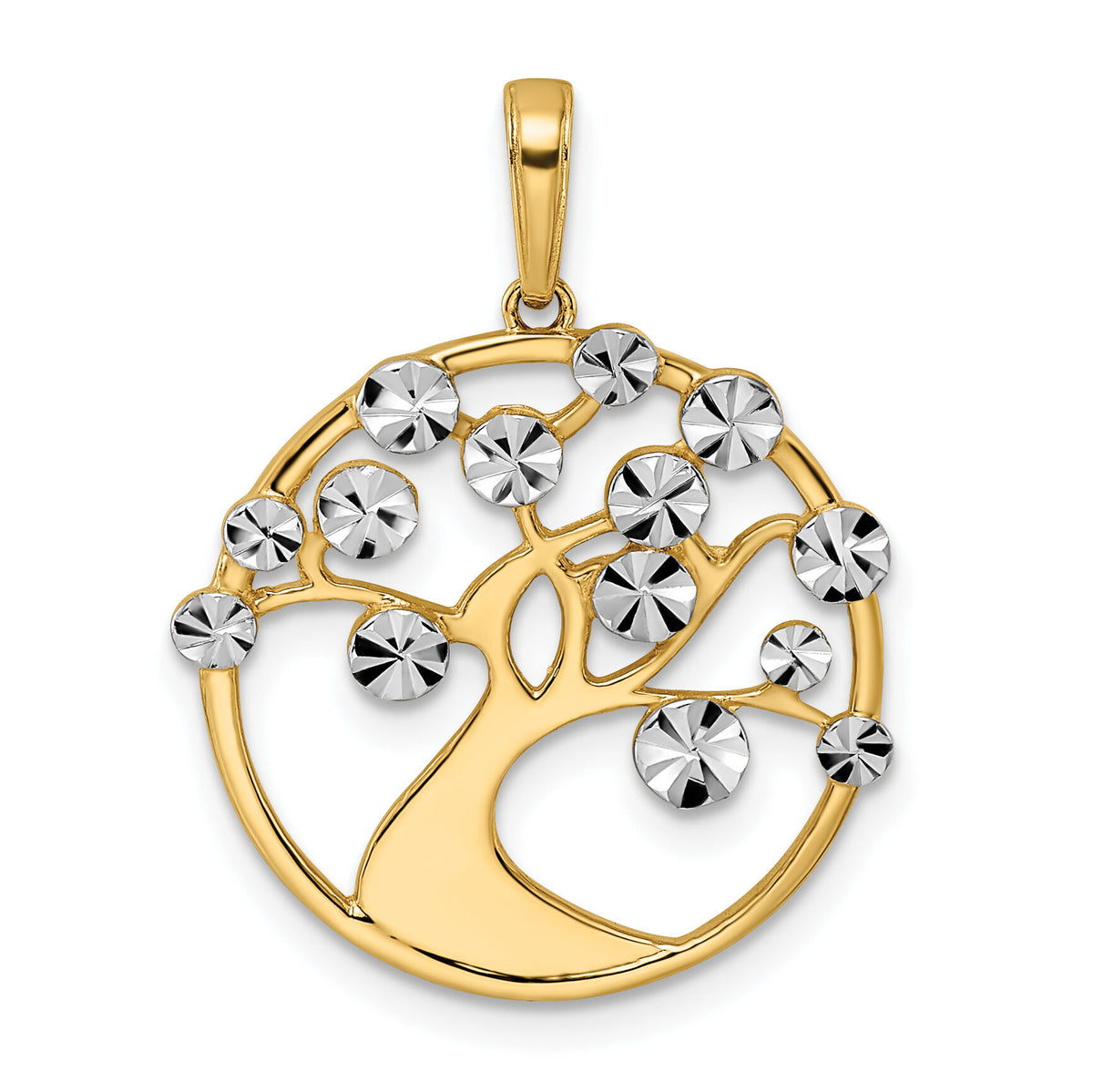 14K w/White Rhodium Diamond-cut Tree of Life Pendant-M3029