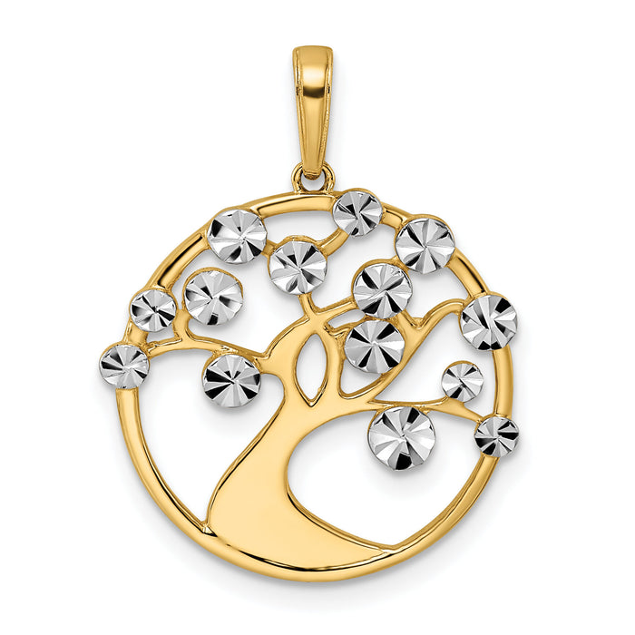 14K w/White Rhodium Diamond-cut Tree of Life Pendant-M3029