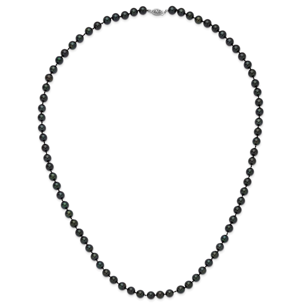 14k White Gold 7-8mm Round Black Saltwater Akoya Cultured Pearl Necklace-PLB70-24