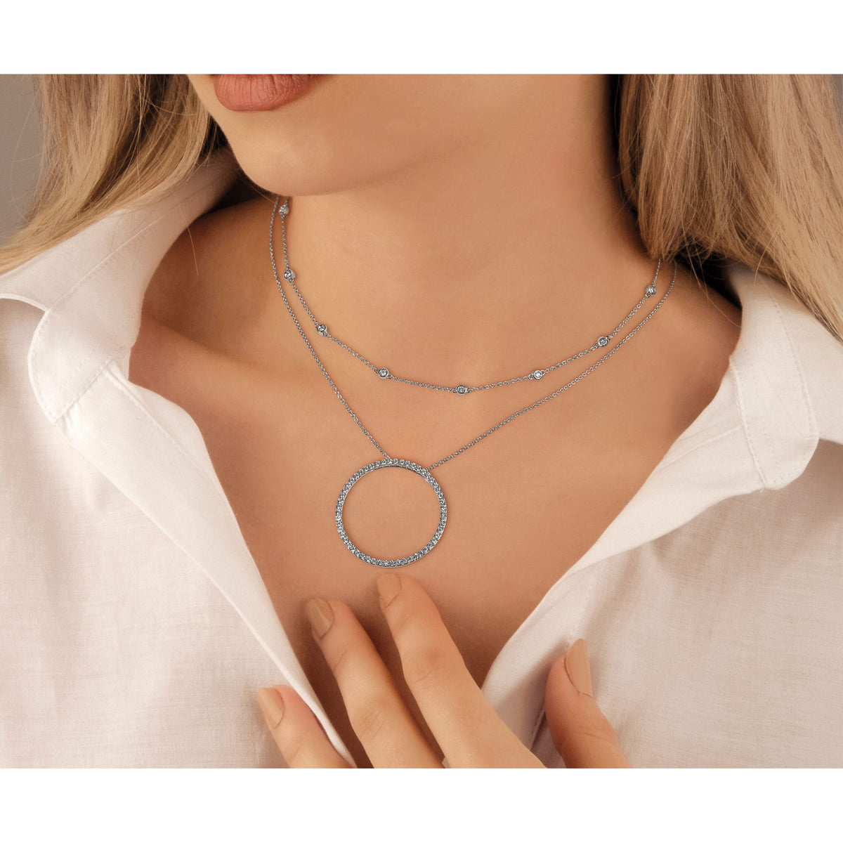 14k White Gold Diamond Station Cable Necklace-PM1007-055-WA-20