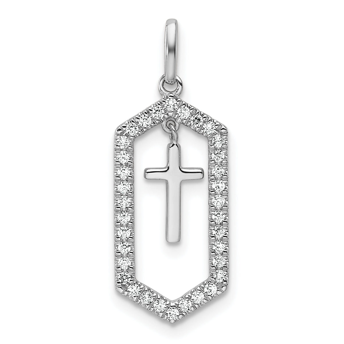 14K White Gold Polished Diamond Framed Dangle Cross Pendant-PM10073-020-WAA