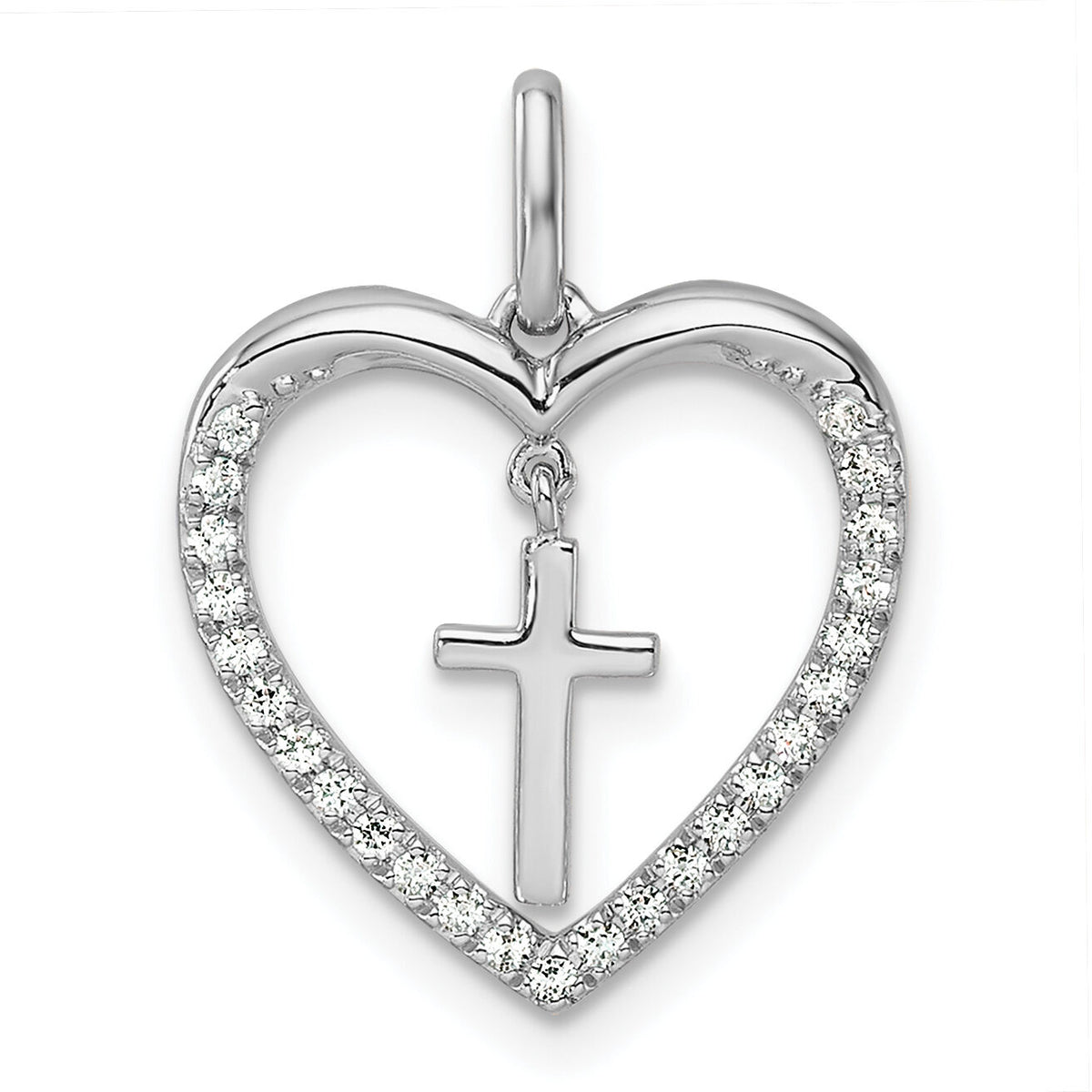 14K White Gold Polished Diamond Heart Dangle Cross Pendant-PM10217-015-WAA