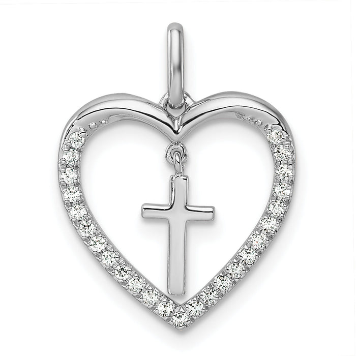 14K White Gold Polished Diamond Heart Dangle Cross Pendant-PM10217-015-WAA