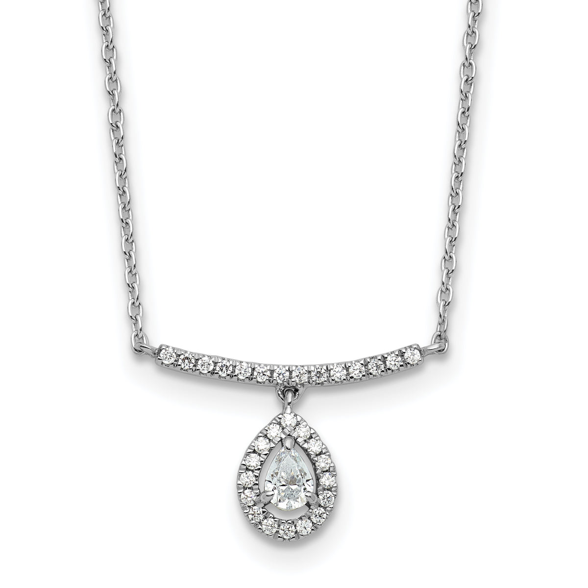 14K White Gold Polished Diamond Bar w/Dangle Pear Necklace-PM10511-025-WAA