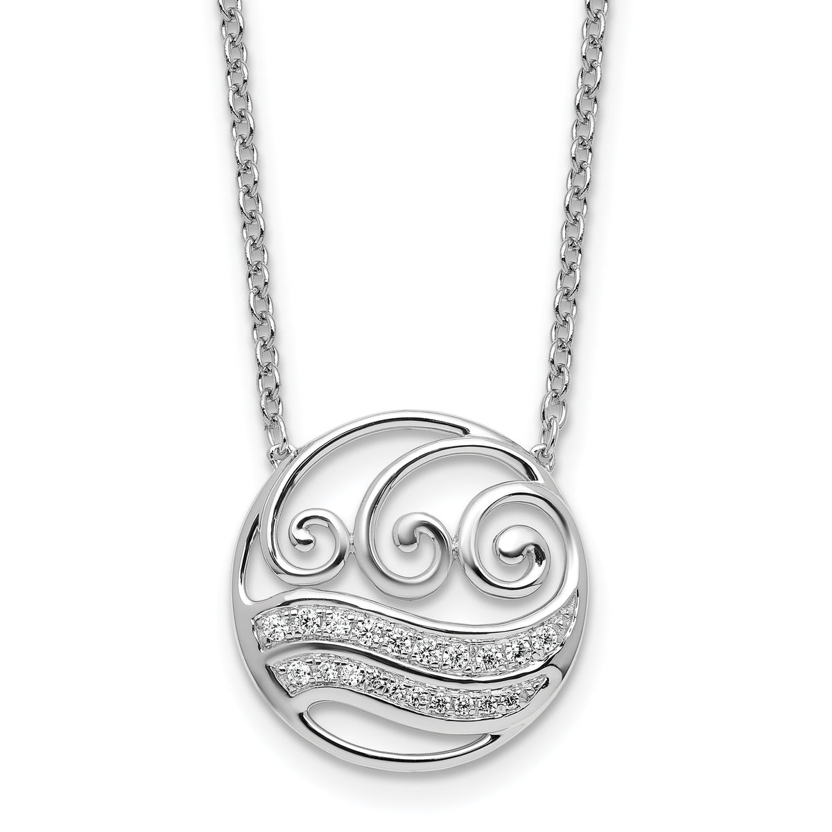 14K White Gold Polished Diamond Circle with Waves Necklace-PM10795-016-WAA