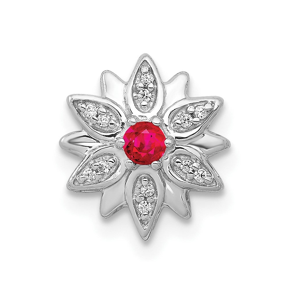 14k White Gold 1/20ct. Diamond and Ruby Flower Chain Slide-PM3918-RU-004-WA