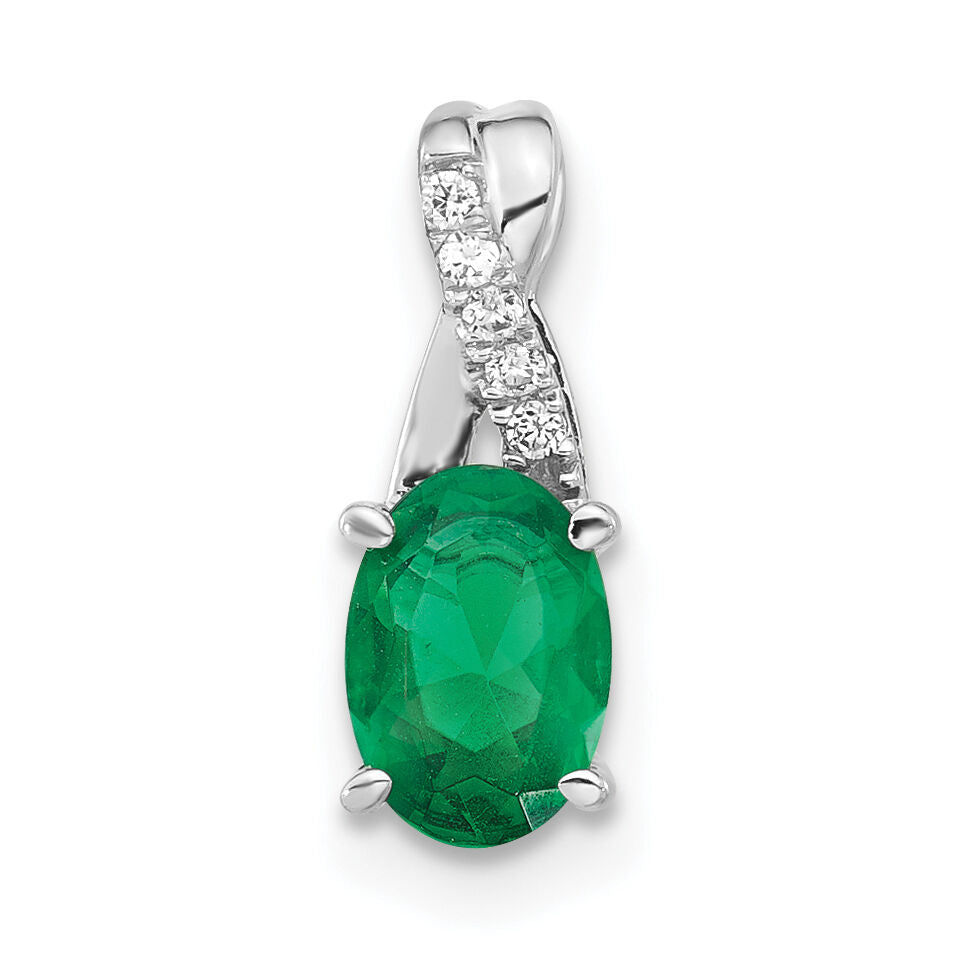 14K White Gold Oval Created Emerald and Diamond Pendant-PM4235-CEM-003-WA