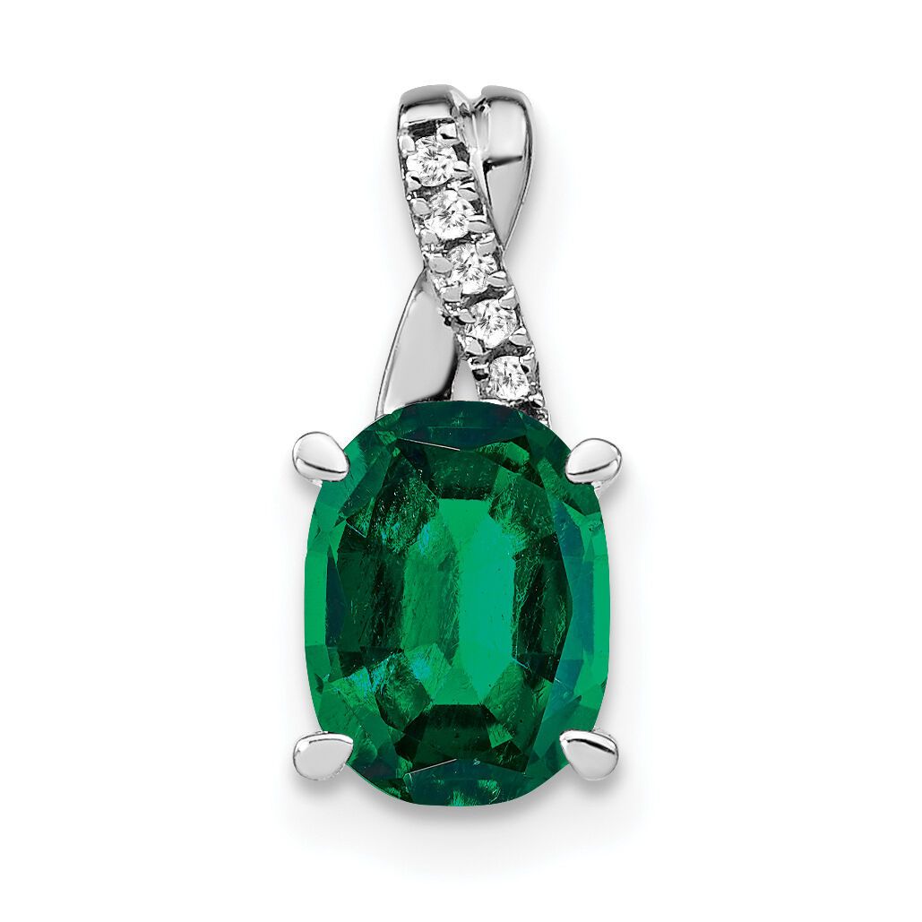 14k White Gold Oval Created Emerald and Diamond Pendant-PM4235-EM-003-WA