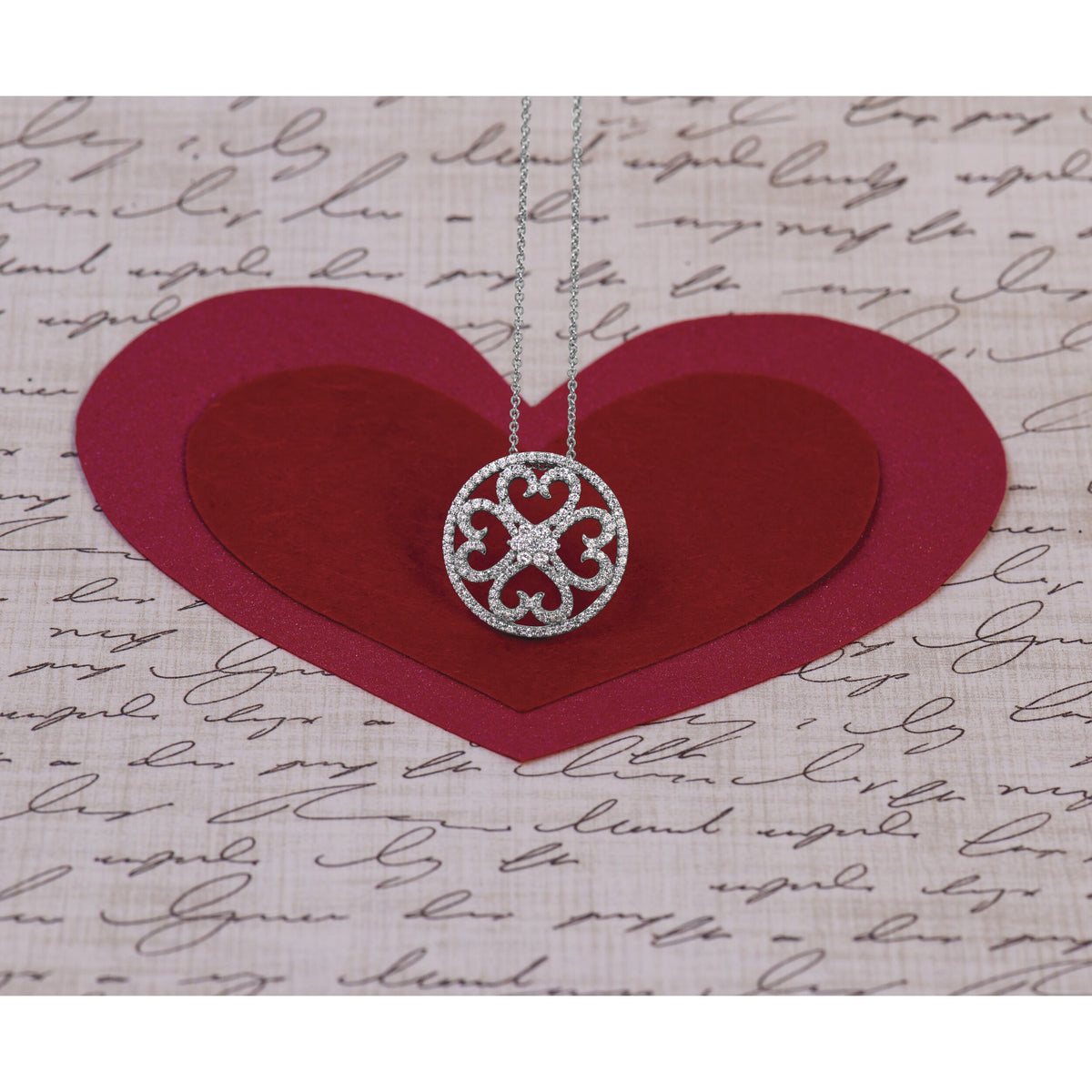 14k White Gold Diamond Vintage Hearts Pendant Necklace-PM4364-050-WA