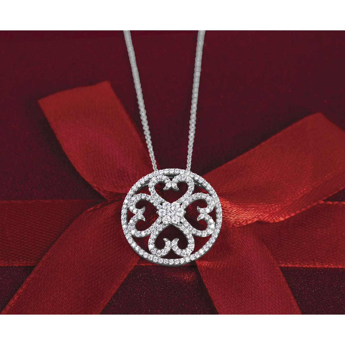 14k White Gold Diamond Vintage Hearts Pendant Necklace-PM4364-050-WA