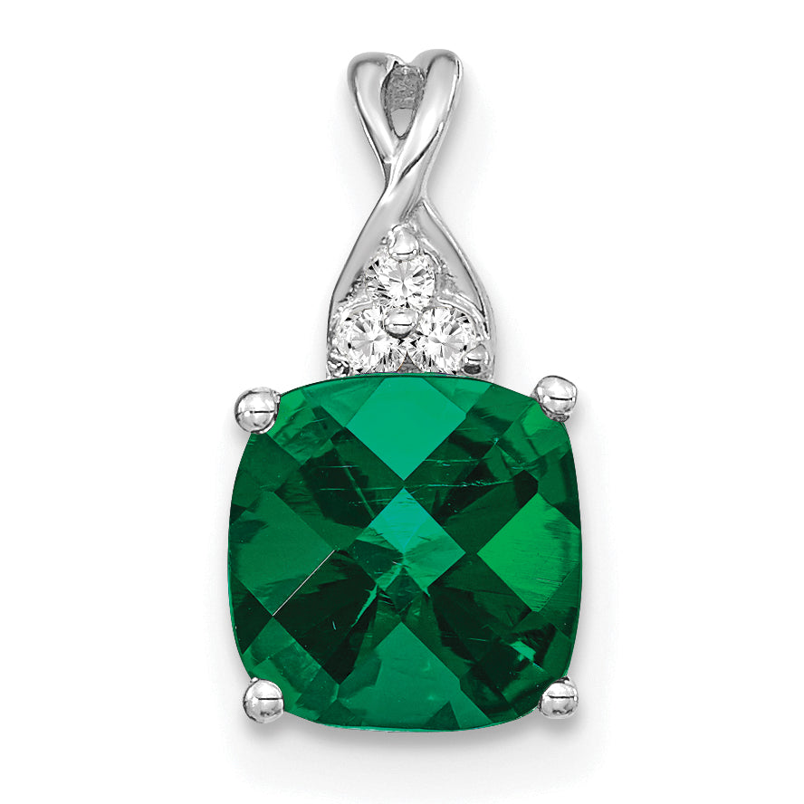 14K White Gold Checkerboard Created Emerald and Diamond Pendant-PM4393-CEM-003-WA