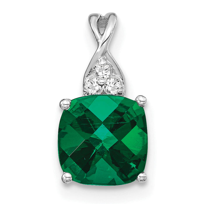 14K White Gold Checkerboard Created Emerald and Diamond Pendant-PM4393-CEM-003-WA