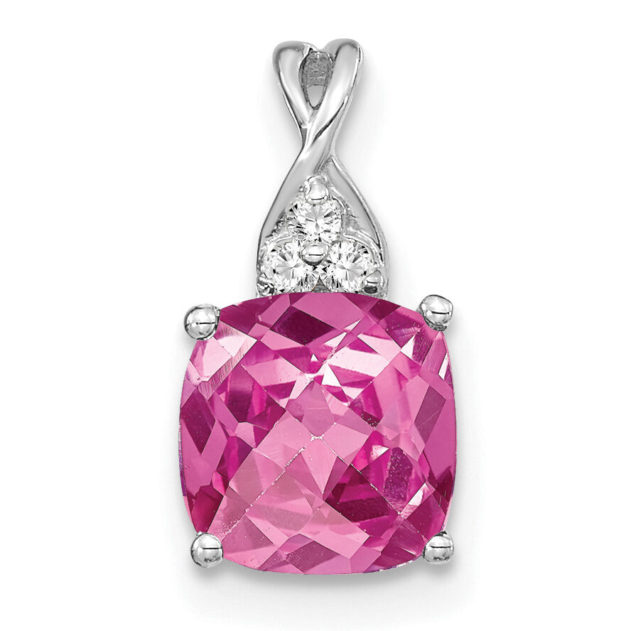 14K White Gold Checkerboard Created Pink Sapphire and Diamond Pendant-PM4393-CPS-003-WA