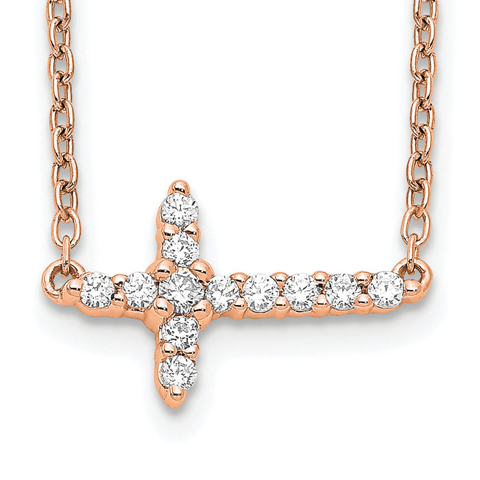 14k Rose Gold Diamond Sideways Cross 18in Necklace-PM4692-016-RA