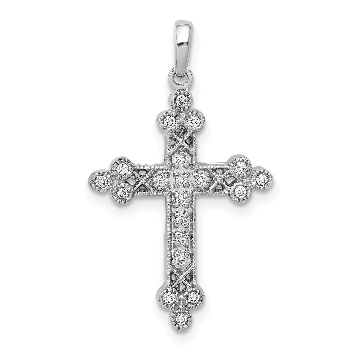 14k White Gold 1/10ct. Diamond Filigree Budded Cross Pendant-PM5092-010-WA