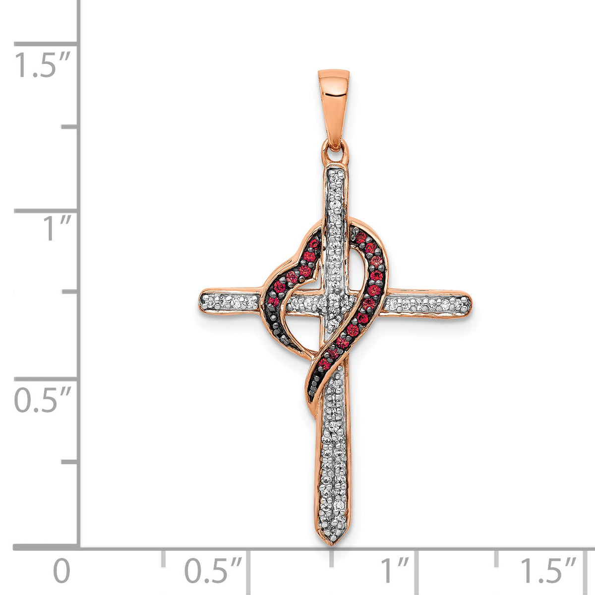 14k Rose Gold Red and White Diamond Cross w/Heart Pendant-PM5116-025-RA
