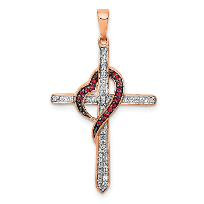 14k Rose Gold Red and White Diamond Cross w/Heart Pendant-PM5116-025-RA
