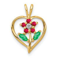 14k Siam Ruby/Emerald/Diamond Flower in Heart Pendant-PM5274-RU-001-YA