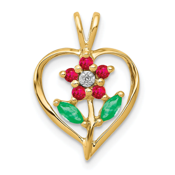 14k Siam Ruby/Emerald/Diamond Flower in Heart Pendant-PM5274-RU-001-YA