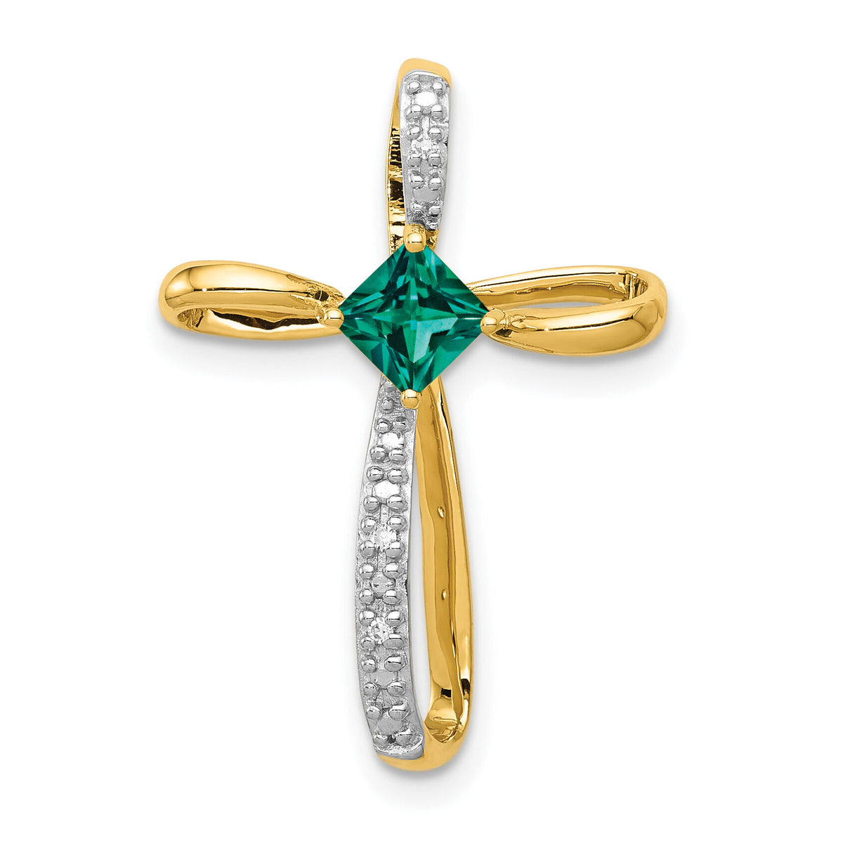 14k w/Rhodium Lab Created Emerald and Diamond Cross Slide-PM5278-CEM-001-YA