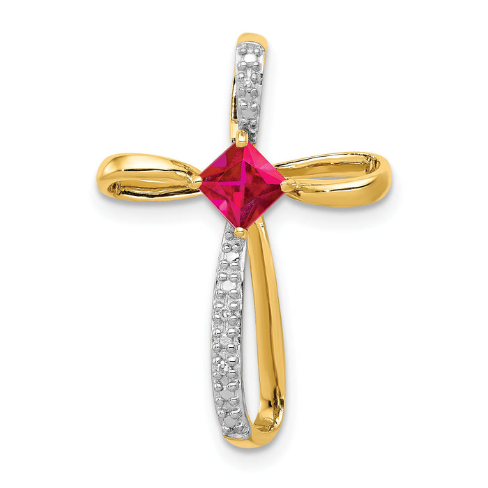 14k and Rhodium Lab Created Ruby and Diamond Cross Slide-PM5278-RU-001-YA