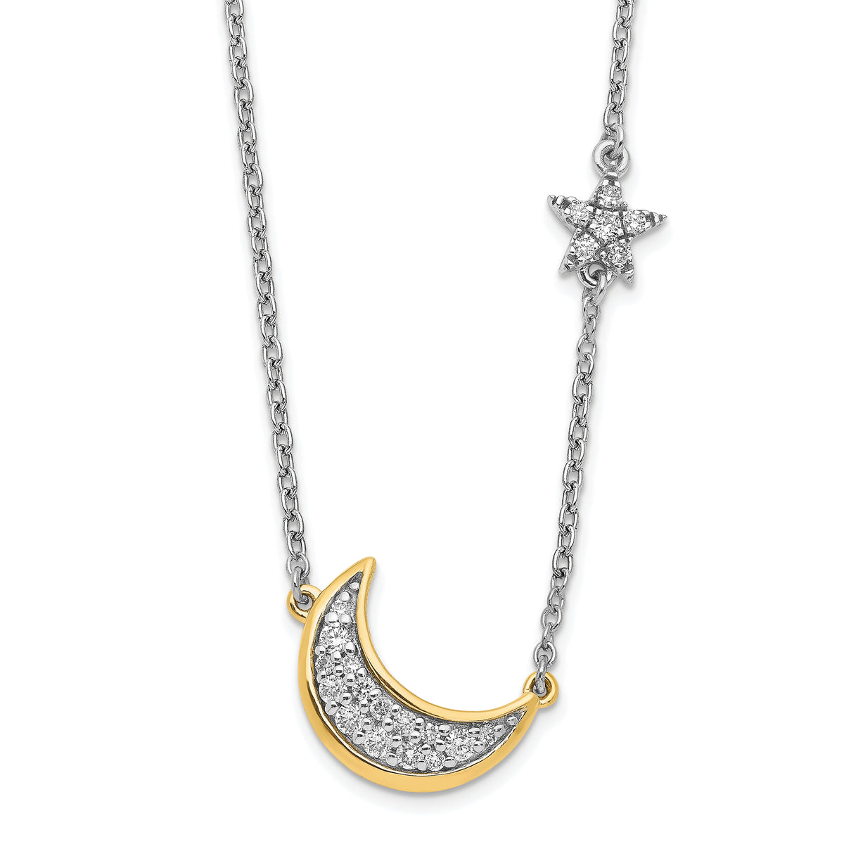 14k Two-tone Moon w/Star Diamond 18in Necklace-PM6848-016-WYA
