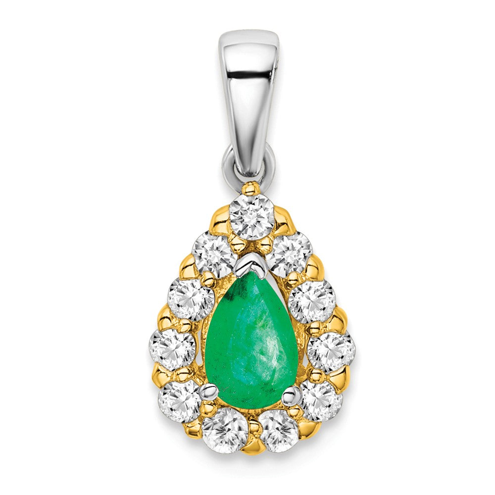 14k Two-tone Pear Emerald and Diamond Halo Pendant-PM6991-EM-038-YWA