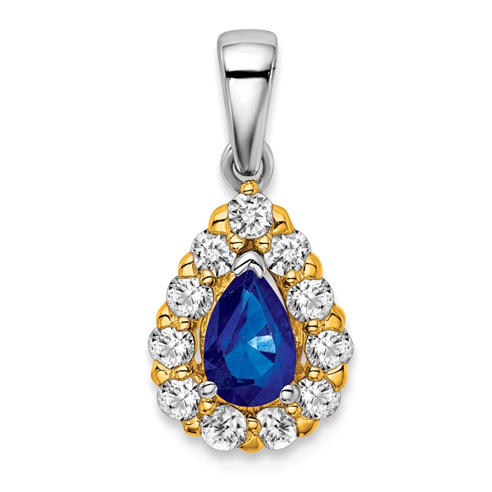 14k Two-tone Pear Sapphire and Diamond Halo Pendant-PM6991-SA-038-YWA