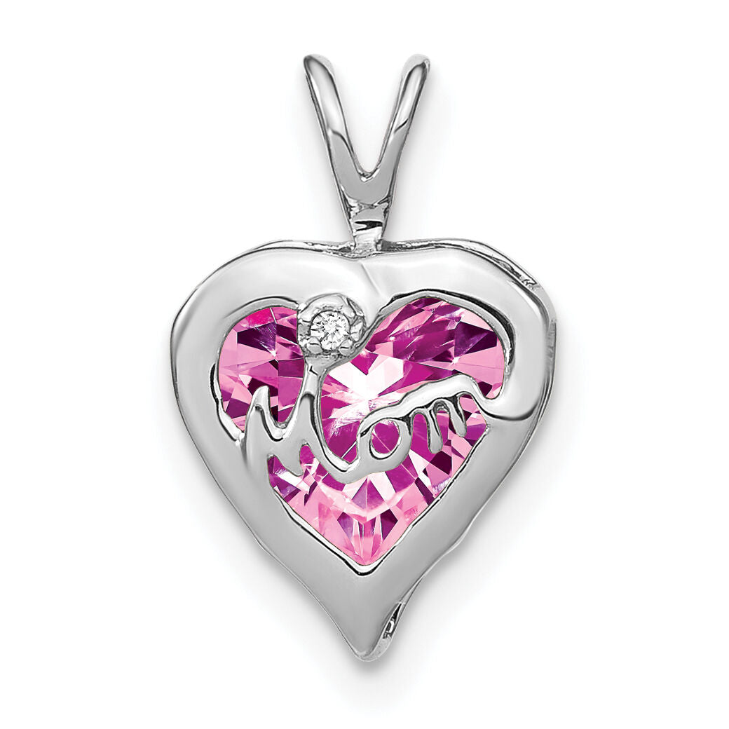 14k White Gold Creat. Pink Sapphire/Diamond MOM Heart Pendant-PM7003-CPS-001-WA