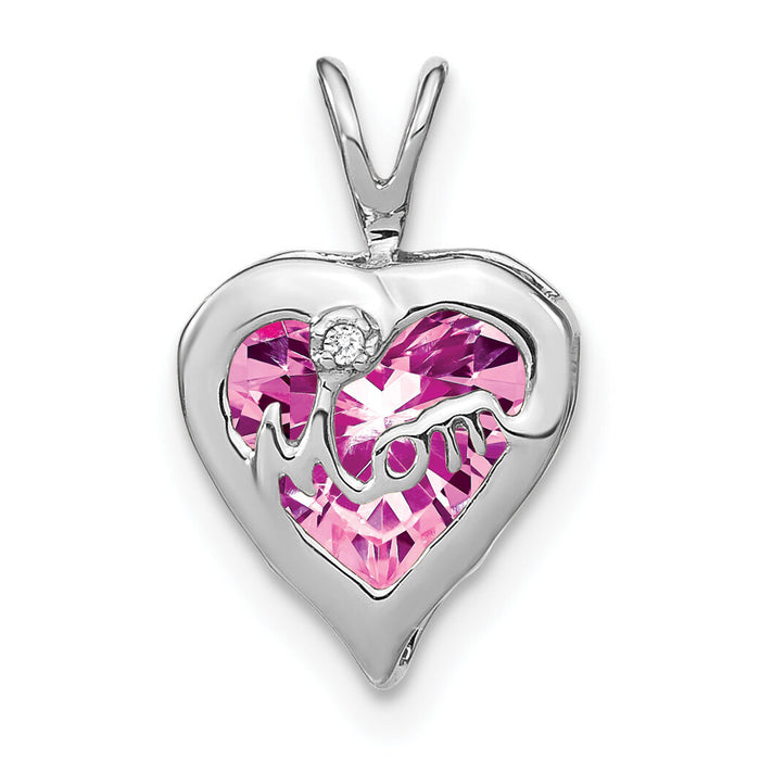 14k White Gold Creat. Pink Sapphire/Diamond MOM Heart Pendant-PM7003-CPS-001-WA