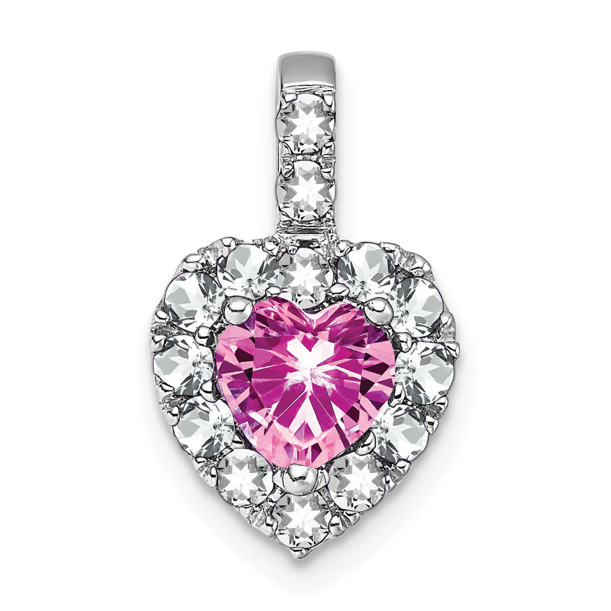14k White Gold Creat. Pink Sapphire/White Topaz Halo Heart Pendant-PM7012-CPS/WT-W