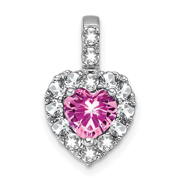 14k White Gold Creat. Pink Sapphire/White Topaz Halo Heart Pendant-PM7012-CPS/WT-W
