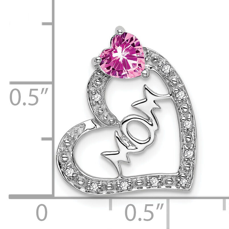 14k White Gold Created Pink Sapphire/Diamond MOM Heart Pendant-PM7023-CPS-005-WA