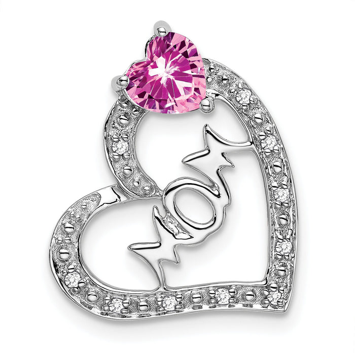 14k White Gold Created Pink Sapphire/Diamond MOM Heart Pendant-PM7023-CPS-005-WA