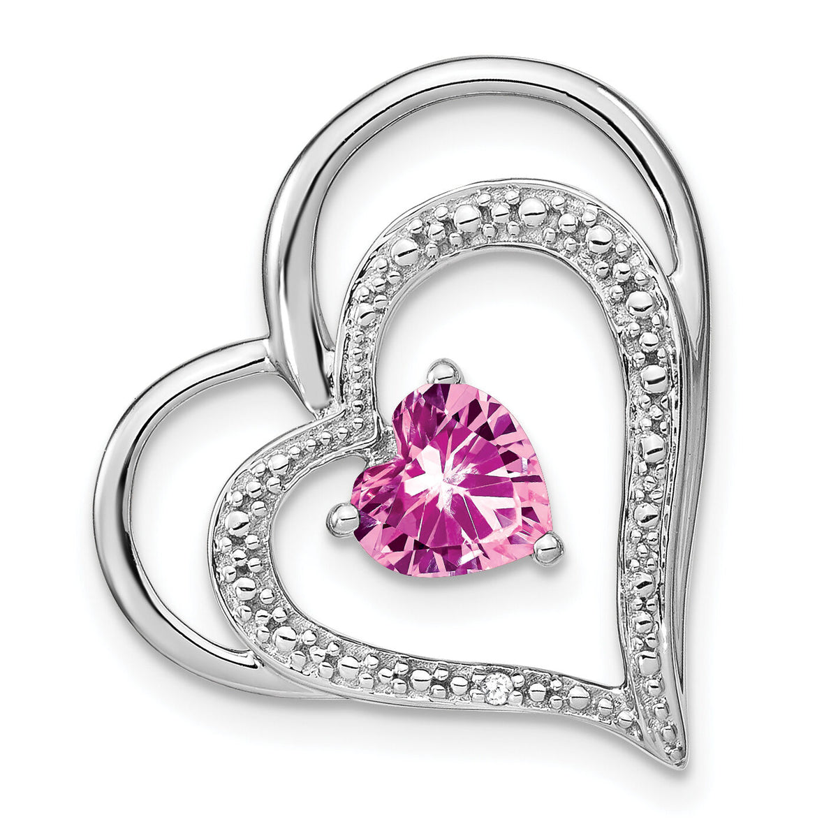 14k White Gold Created Pink Sapphire/Diamond Heart Chain Slide-PM7024-CPS-001-WA