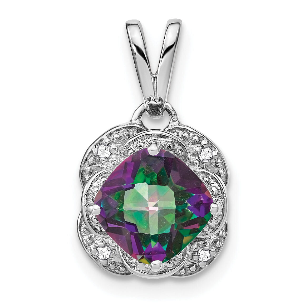 14k White Gold Cushion Mystic Fire Topaz and Diamond Pendant-PM7037-FT-002-WA
