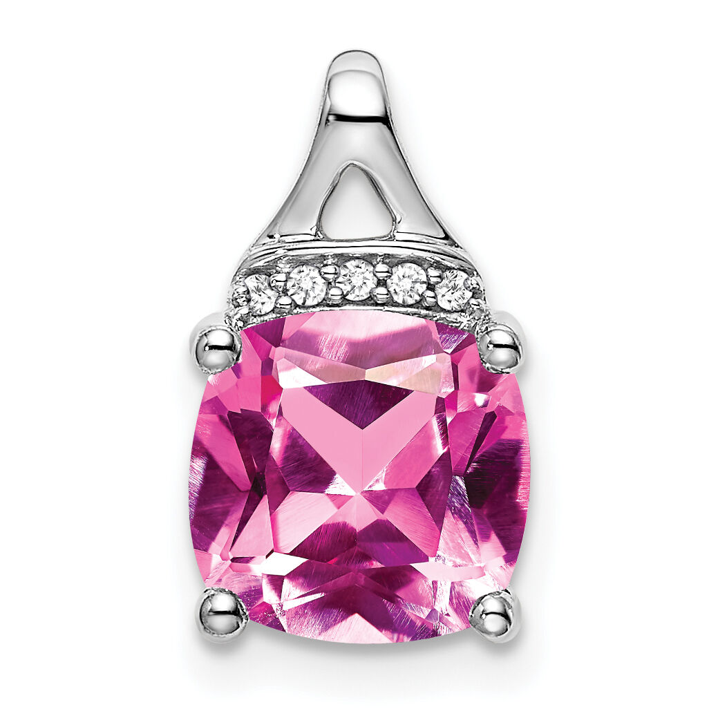 14k White Gold Cushion Created Pink Sapphire/Diamond Pendant-PM7043-CPS-002-WA
