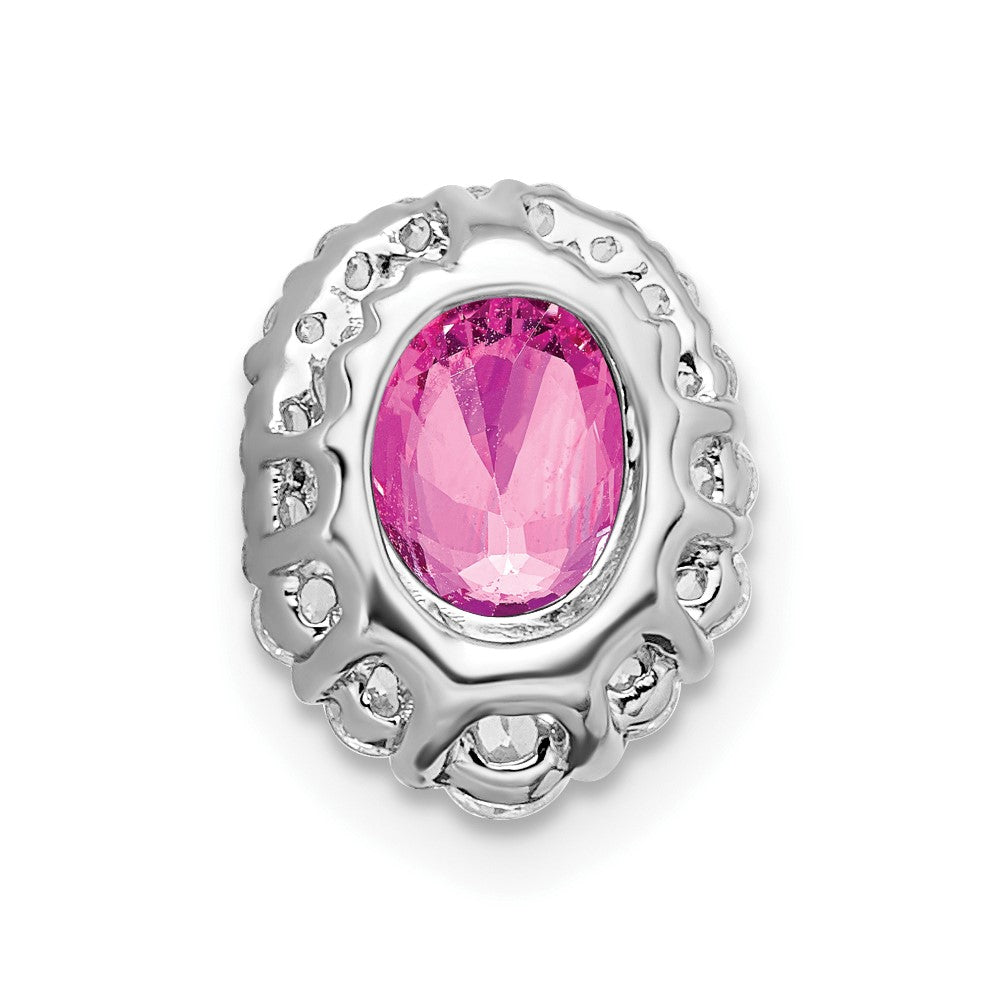 14k White Gold Oval Creat. Pink Sapphire/Diamond Halo Chain Slide-PM7050-CPS-033-WA