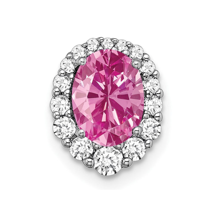 14k White Gold Oval Creat. Pink Sapphire/Diamond Halo Chain Slide-PM7050-CPS-033-WA