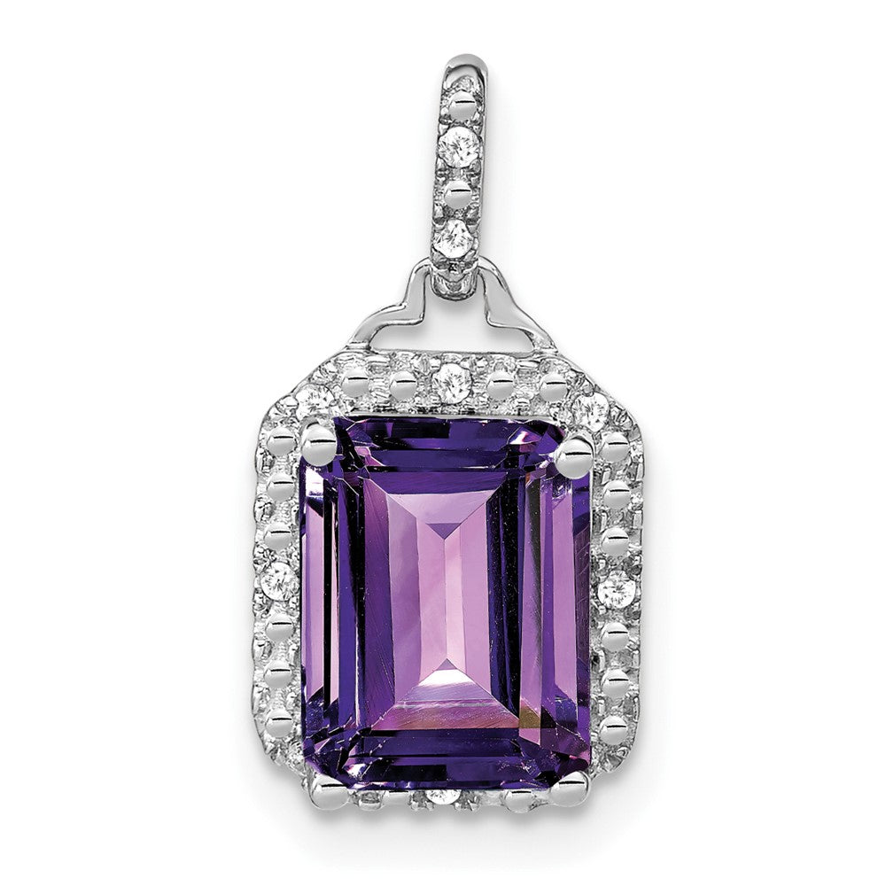 14k White Gold Emerald-cut Amethyst and Diamond Halo Pendant-PM7051-AM-005-WA