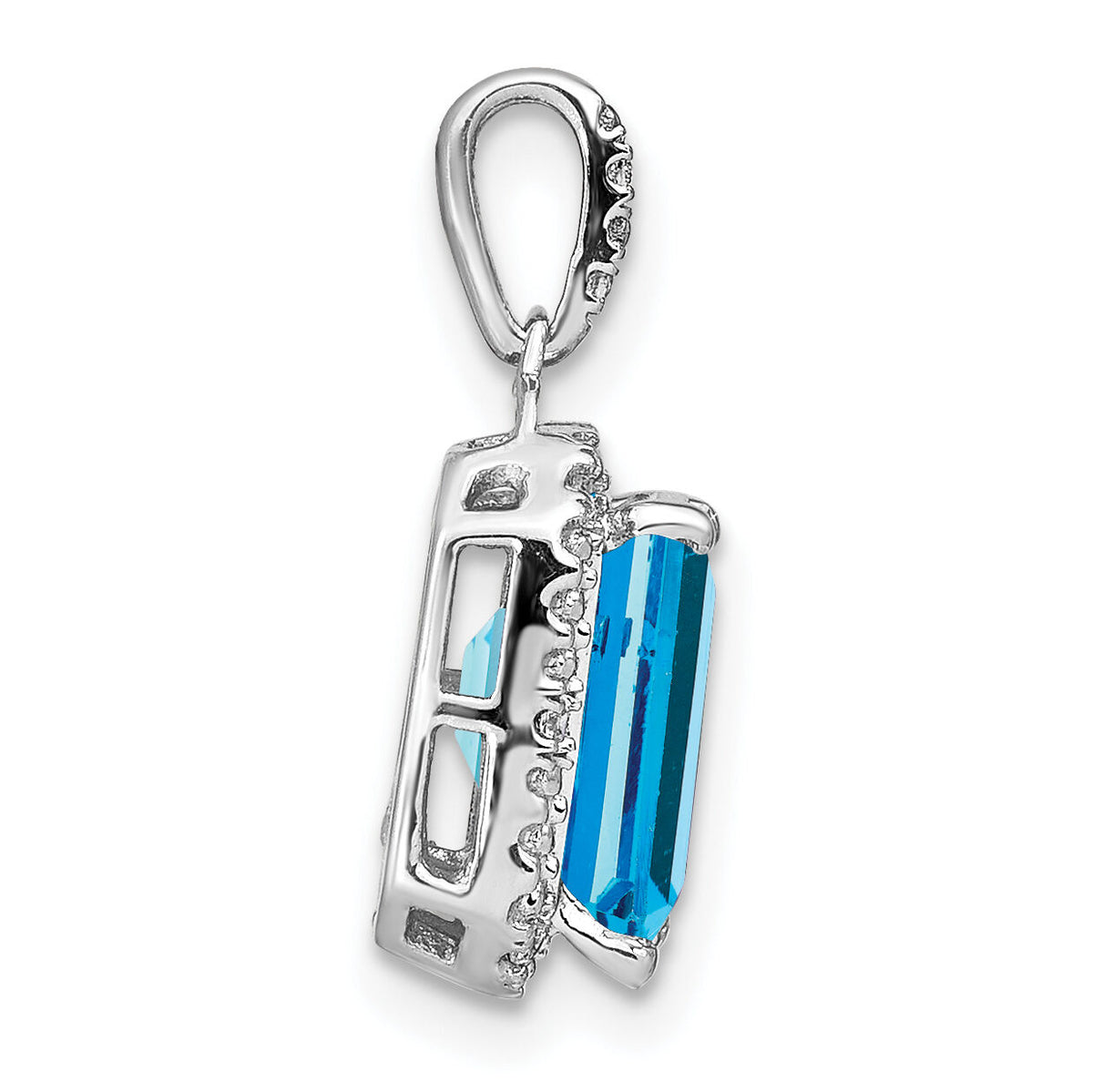 14k White Gold Emerald-cut Blue Topaz and Diamond Halo Pendant-PM7051-BT-005-WA